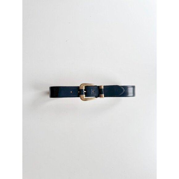 Vintage AQUASCUTUM Navy Blue Leather Large Gold Buckle Waist Belt, Size S - Picture 2 of 16